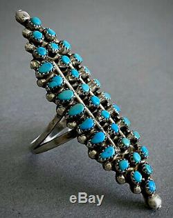 HUGE LONG Vintage Zuni Native American Sterling Silver Turquoise Cluster Ring