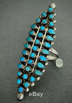 HUGE LONG Vintage Zuni Native American Sterling Silver Turquoise Cluster Ring