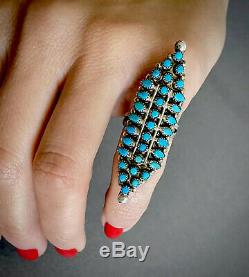 HUGE LONG Vintage Zuni Native American Sterling Silver Turquoise Cluster Ring