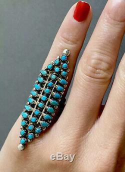 HUGE LONG Vintage Zuni Native American Sterling Silver Turquoise Cluster Ring