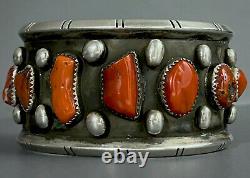 HUGE OLD Vintage Santa Domingo Sterling Silver Natural Coral Cuff Bracelet WOW