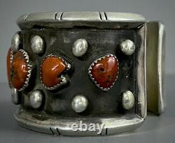 HUGE OLD Vintage Santa Domingo Sterling Silver Natural Coral Cuff Bracelet WOW