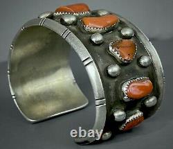 HUGE OLD Vintage Santa Domingo Sterling Silver Natural Coral Cuff Bracelet WOW