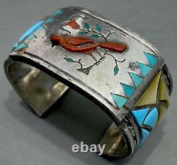 HUGE RARE Vintage Navajo Sterling Silver Multi Stone Inlay Cuff Bracelet