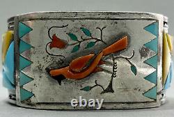 HUGE RARE Vintage Navajo Sterling Silver Multi Stone Inlay Cuff Bracelet