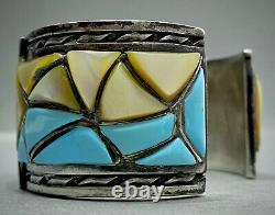 HUGE RARE Vintage Navajo Sterling Silver Multi Stone Inlay Cuff Bracelet