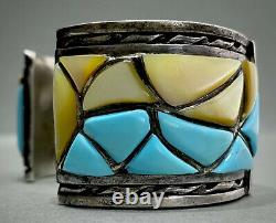 HUGE RARE Vintage Navajo Sterling Silver Multi Stone Inlay Cuff Bracelet