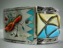 HUGE RARE Vintage Navajo Sterling Silver Multi Stone Inlay Cuff Bracelet