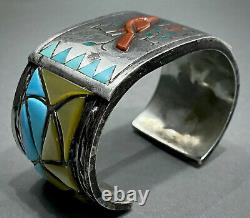 HUGE RARE Vintage Navajo Sterling Silver Multi Stone Inlay Cuff Bracelet