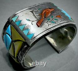 HUGE RARE Vintage Navajo Sterling Silver Multi Stone Inlay Cuff Bracelet