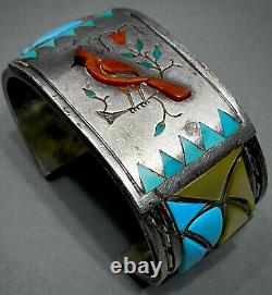 HUGE RARE Vintage Navajo Sterling Silver Multi Stone Inlay Cuff Bracelet