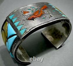 HUGE RARE Vintage Navajo Sterling Silver Multi Stone Inlay Cuff Bracelet