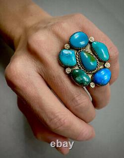 HUGE Vintage Navajo Native American Sterling Silver Turquoise Cluster Ring