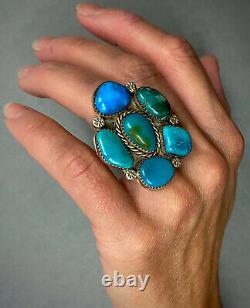 HUGE Vintage Navajo Native American Sterling Silver Turquoise Cluster Ring