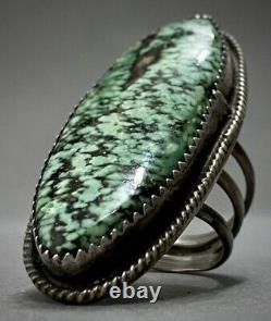 HUGE Vintage Navajo Sterling Silver Green Spiderweb Matrix Turquoise Ring WOW