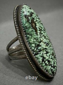 HUGE Vintage Navajo Sterling Silver Green Spiderweb Matrix Turquoise Ring WOW