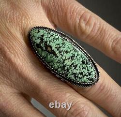 HUGE Vintage Navajo Sterling Silver Green Spiderweb Matrix Turquoise Ring WOW