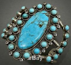 HUGE Vintage Zuni Carico Lake Turquoise Sterling Silver Cluster Cuff Bracelet