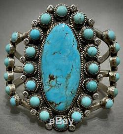 HUGE Vintage Zuni Carico Lake Turquoise Sterling Silver Cluster Cuff Bracelet