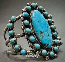 HUGE Vintage Zuni Carico Lake Turquoise Sterling Silver Cluster Cuff Bracelet