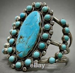 HUGE Vintage Zuni Carico Lake Turquoise Sterling Silver Cluster Cuff Bracelet