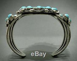 HUGE Vintage Zuni Carico Lake Turquoise Sterling Silver Cluster Cuff Bracelet