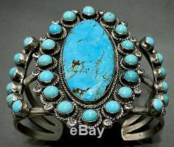 HUGE Vintage Zuni Carico Lake Turquoise Sterling Silver Cluster Cuff Bracelet