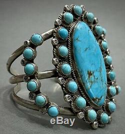 HUGE Vintage Zuni Carico Lake Turquoise Sterling Silver Cluster Cuff Bracelet