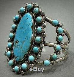 HUGE Vintage Zuni Carico Lake Turquoise Sterling Silver Cluster Cuff Bracelet