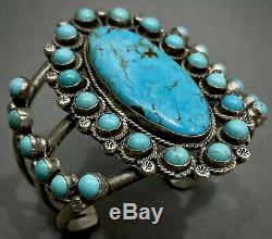 HUGE Vintage Zuni Carico Lake Turquoise Sterling Silver Cluster Cuff Bracelet