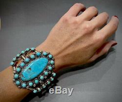 HUGE Vintage Zuni Carico Lake Turquoise Sterling Silver Cluster Cuff Bracelet