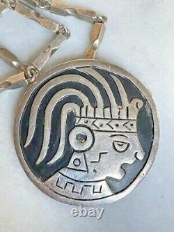 Handcrafted Sterling Silver Aztec Pendant Necklace, Vintage Taxco Artistry