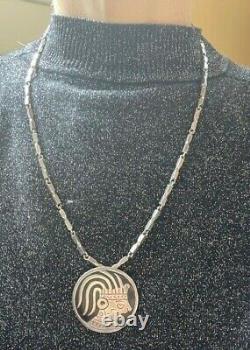 Handcrafted Sterling Silver Aztec Pendant Necklace, Vintage Taxco Artistry