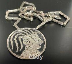 Handcrafted Sterling Silver Aztec Pendant Necklace, Vintage Taxco Artistry