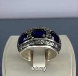 Handmade 925 Sterling Silver Men's Ring Sapphire Blue Vintage Jewelry