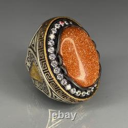 Handmade 925 Sterling Silver Men's Ring with Sparkling Aventurine Stone Jewelry