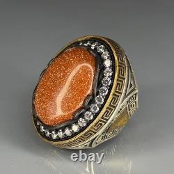 Handmade 925 Sterling Silver Men's Ring with Sparkling Aventurine Stone Jewelry