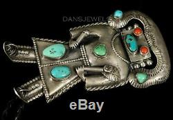 Handmade Big Vintage Unusual Old Pawn Navajo TURQUOISE KACHINA Sterling BOLO TIE