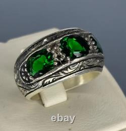Handmade Sterling Silver Men's Ring Emerald Green Stone, Vintage Inlaid Design