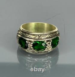 Handmade Sterling Silver Men's Ring Emerald Green Stone, Vintage Inlaid Design