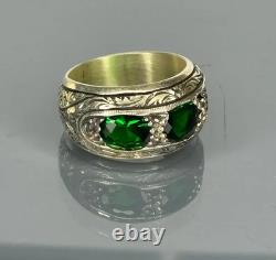 Handmade Sterling Silver Men's Ring Emerald Green Stone, Vintage Inlaid Design