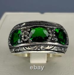 Handmade Sterling Silver Men's Ring Emerald Green Stone, Vintage Inlaid Design