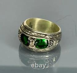 Handmade Sterling Silver Men's Ring Emerald Green Stone, Vintage Inlaid Design