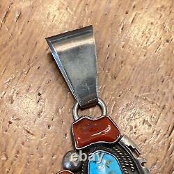 Harold Becenti Navajo Vintage Large Sterling Silver Pendant Turquoise Coral 6