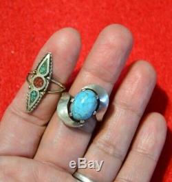 Huge Vintage Native Zuni Navajo Sterling Silver Turquoise Coral Ring Lot of 16