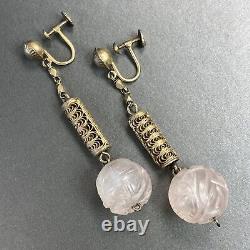 Huge Vintage Sterling Silver Filigree Carved Rose Quartz Shou Earring Screw-Back