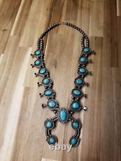 Incredible Vintage Navajo Turquoise Sterling Silver Squash Blossom Necklace Old