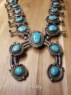 Incredible Vintage Navajo Turquoise Sterling Silver Squash Blossom Necklace Old