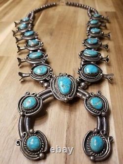 Incredible Vintage Navajo Turquoise Sterling Silver Squash Blossom Necklace Old