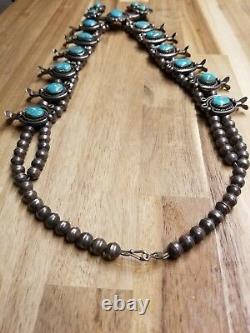 Incredible Vintage Navajo Turquoise Sterling Silver Squash Blossom Necklace Old